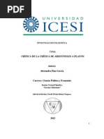 CRÍTICA DE LA CRÍTICA DE ARISTÓTELES A PLATÓN