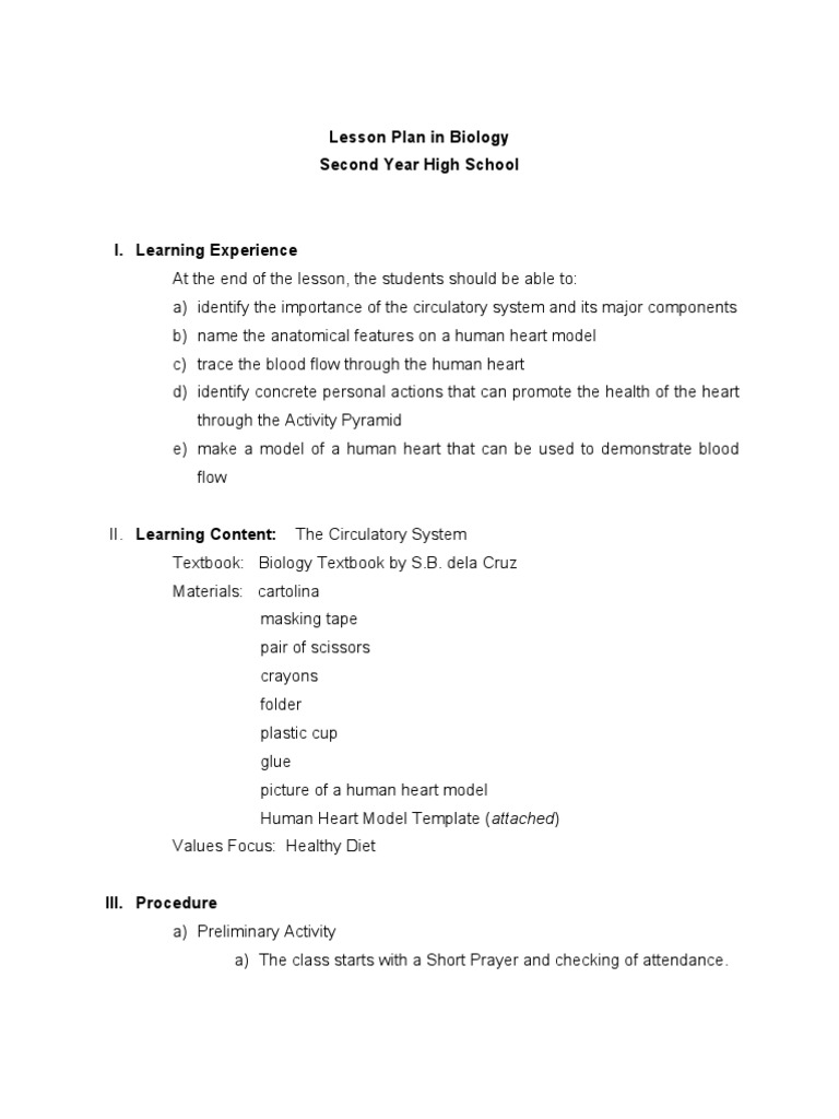 High School Lesson Plan: Human Heart | PDF | Circulatory System | Heart