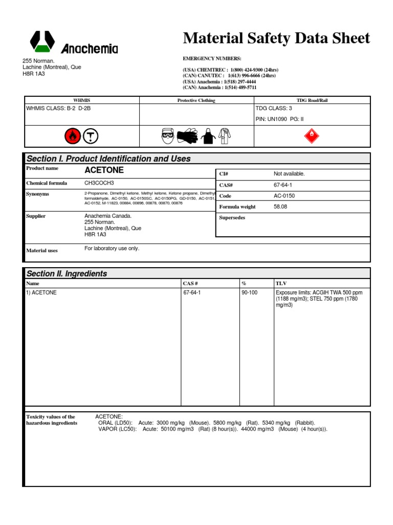 Msds Acetone (Ana) Fires Carbon Dioxide