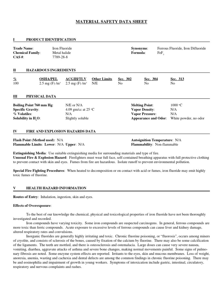 MSDS Iron Fluoride Fluorine Personal Protective Equipment