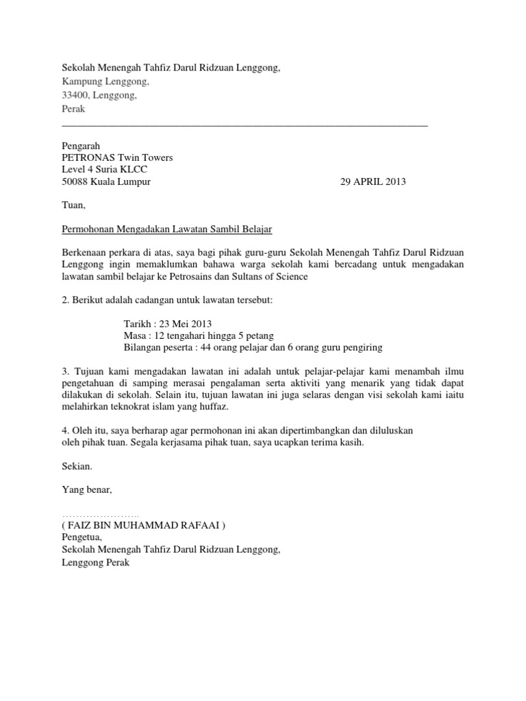 Surat Permhonan Lawatan Ke Petrosains Pdf