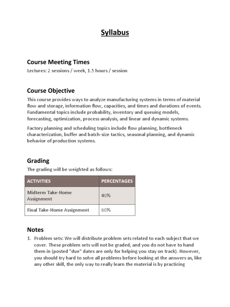 Introduction To Manufacturing Systems Syllabus PDF Operations