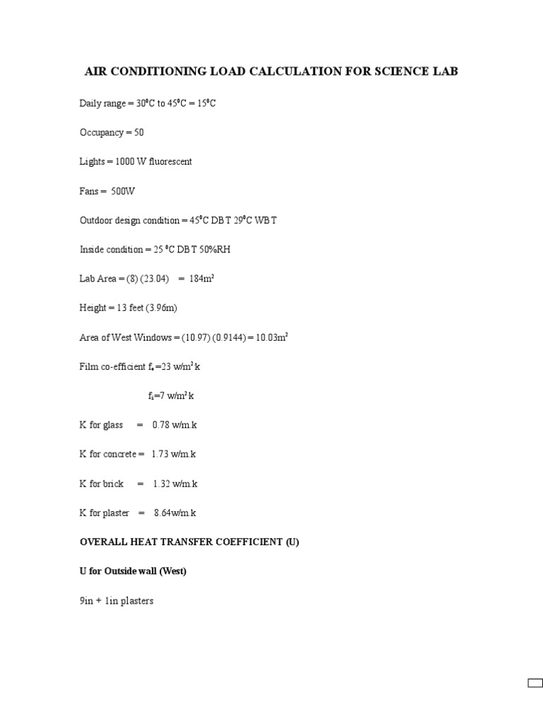 Air Conditioning Load Calculation For Science Lab 9in + 1in Plasters