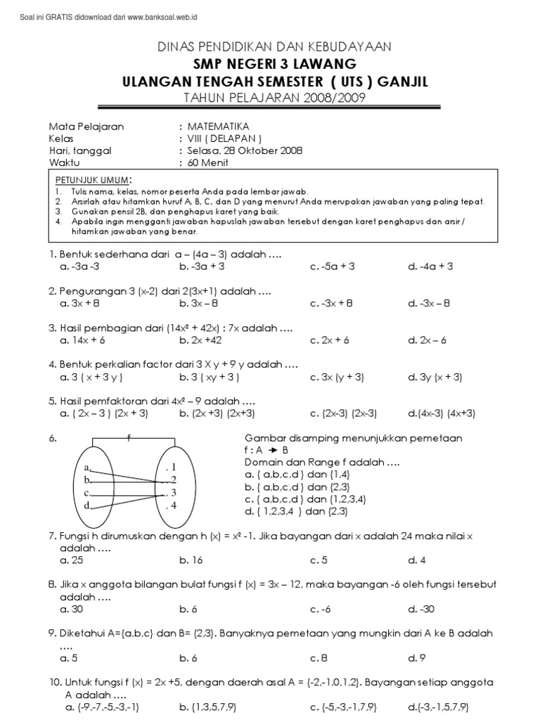 Soal Smp Kelas 8 Matematika Ujian Tengah Semester Ganjil