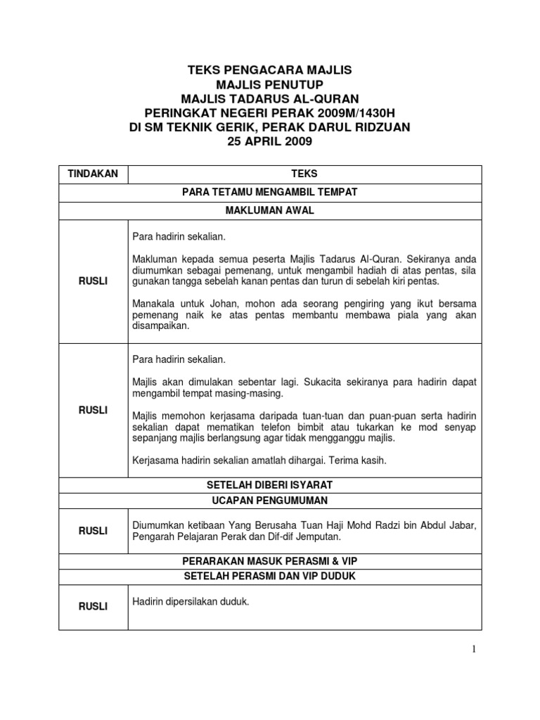 Teks Pengacara Majlis Tadarus Al-quran Negeri Perak 2009