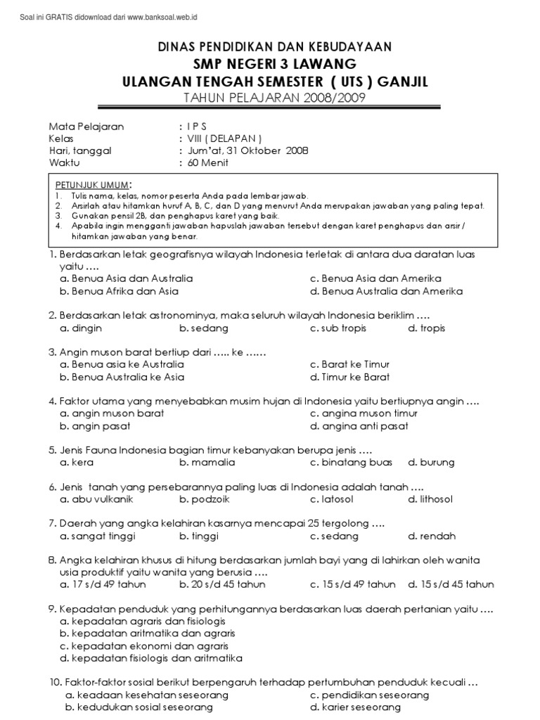soal SMP Kelas 8 IPS Ujian Tengah Semester Ganjil