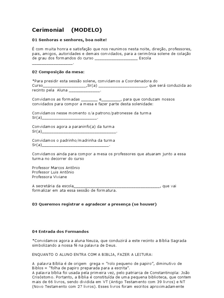 Modelo Cerimonial | PDF | Artes Linguísticas e Disciplina | Estudos de  Línguas Estrangeiras, image size:768x1024