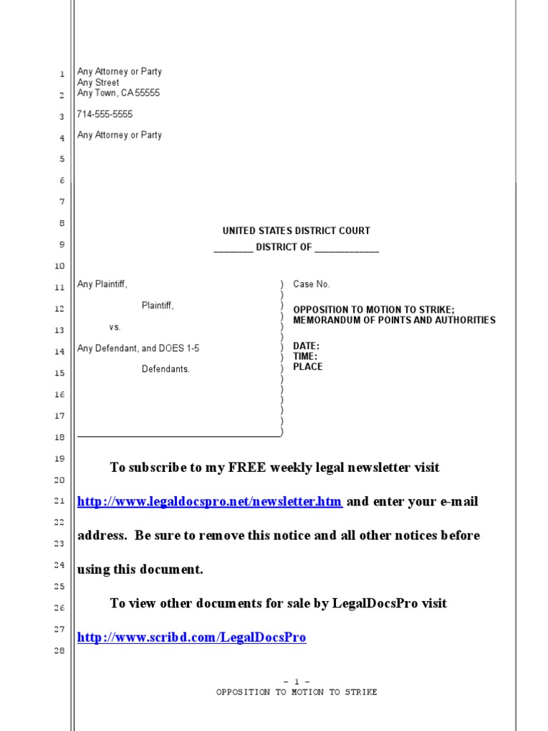 Sample Opposition To Motion To Strike Portions Of Complaint In United States District Court Pdf Complaint Separation Of Powers