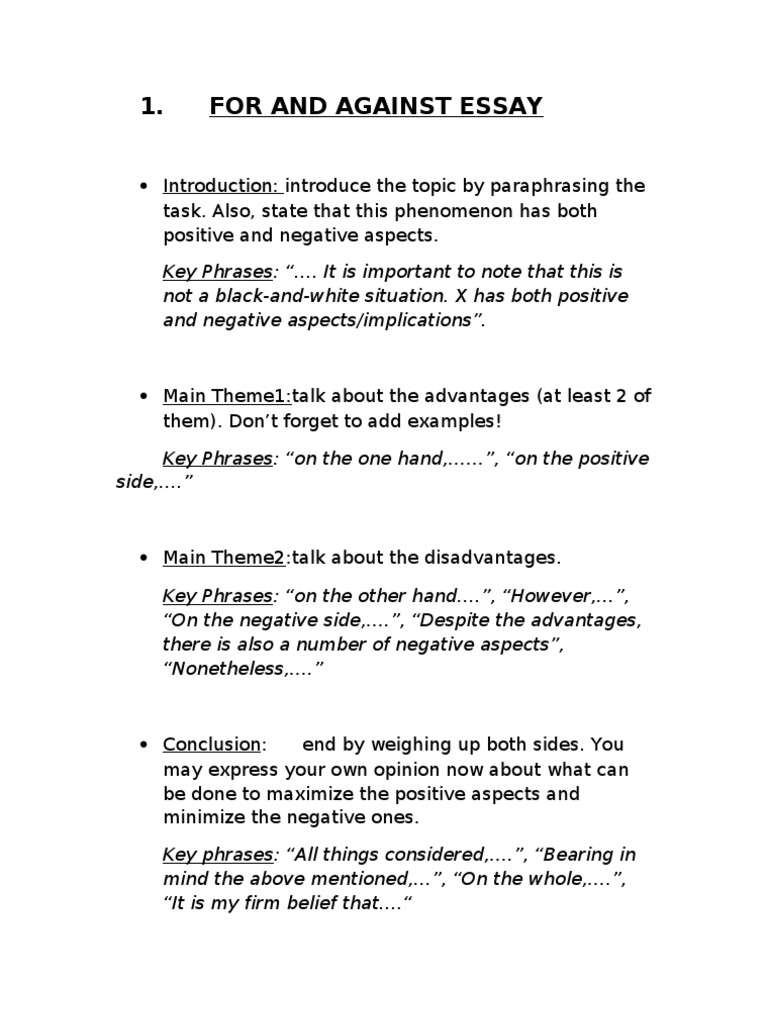 phrases for for and against essay
