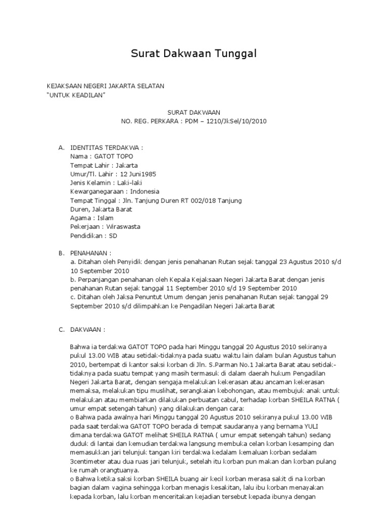 Surat Dakwaan Tunggal