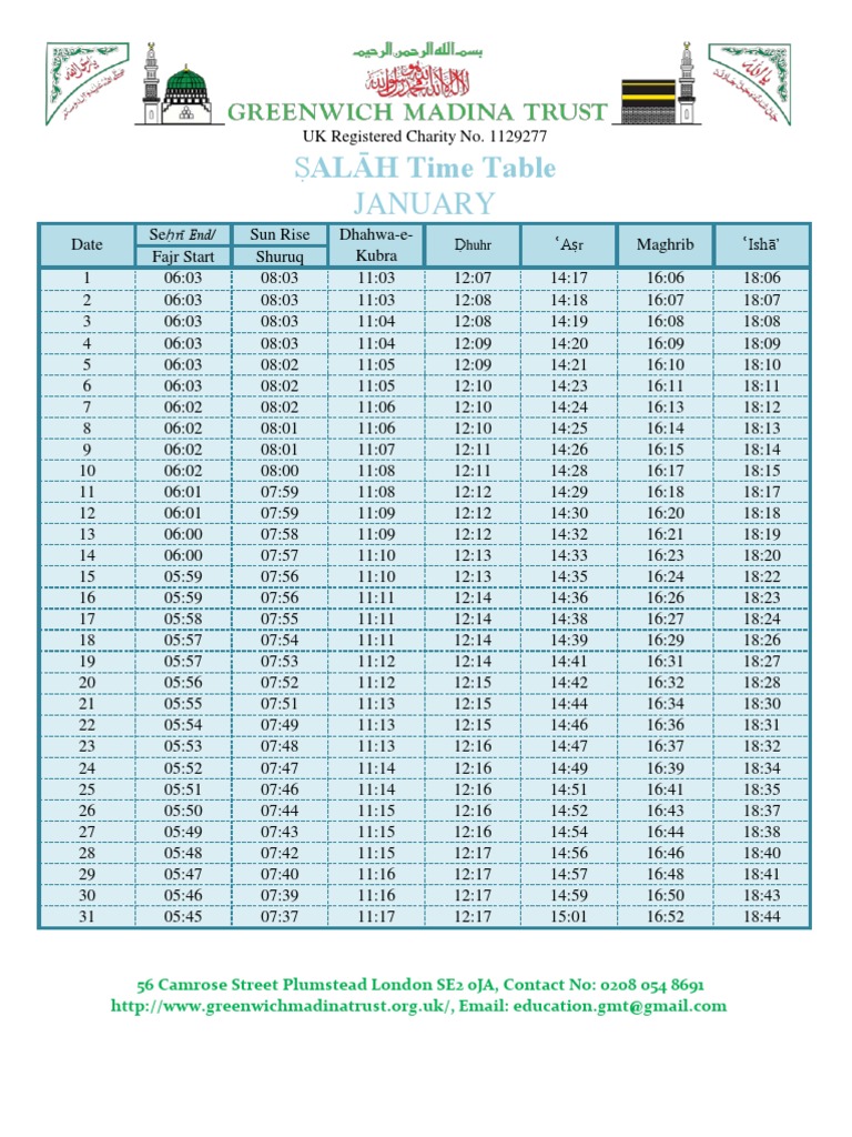 Annual Salah Timetable London PDF Islamic Behaviour And Experience