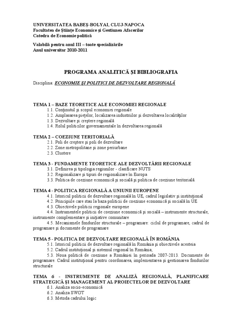 Economie Si Politici De Dezvoltare Regionala
