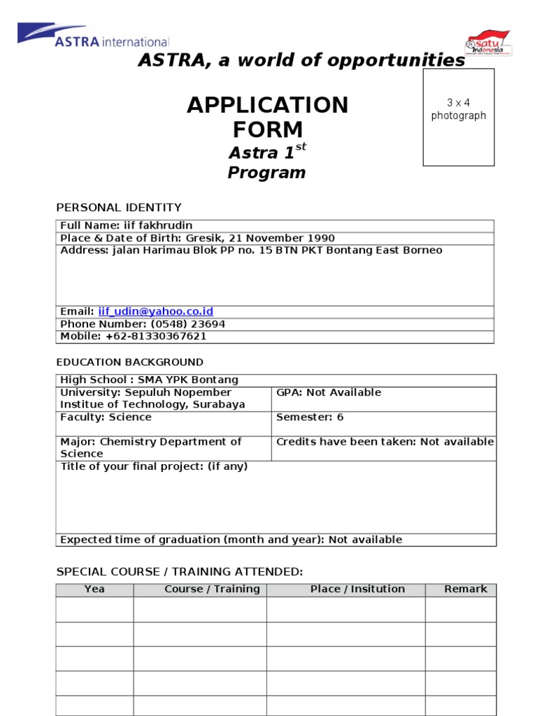 Application Form: ASTRA, A World of Opportunities | PDF | Social ...