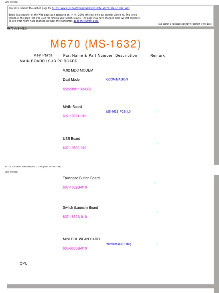 M670 (MS-1632) Parts List | PDF | Liquid Crystal Display | Advanced ...