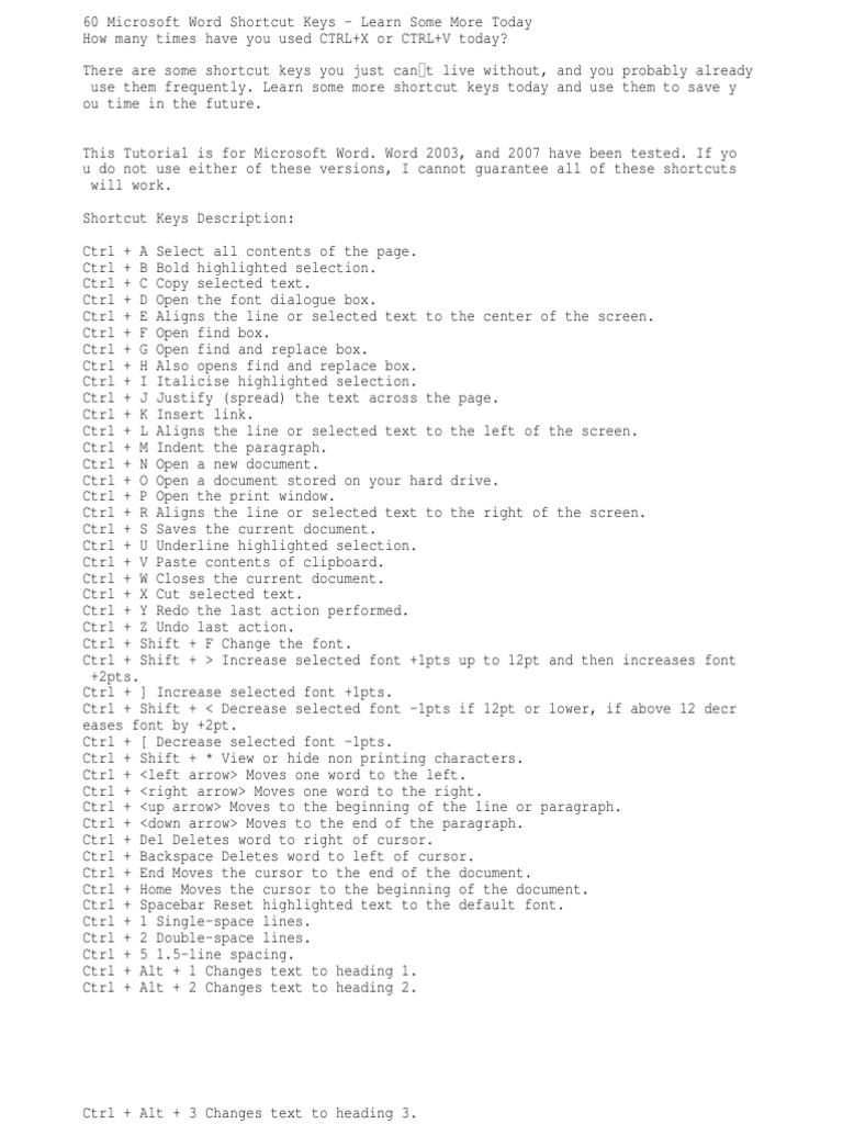 60 Essential MS Word Shortcuts | PDF | Microsoft Word | Keyboard Shortcut