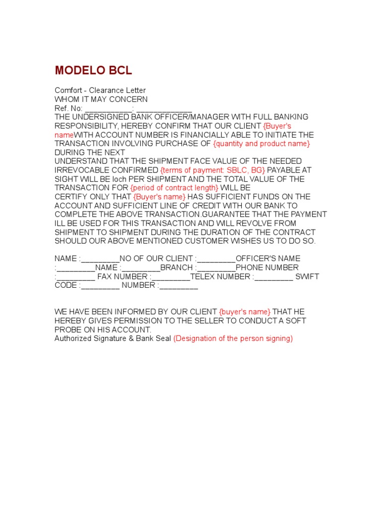 BCL Template for Bank Confirmation Letter | PDF | Business | Finance ...