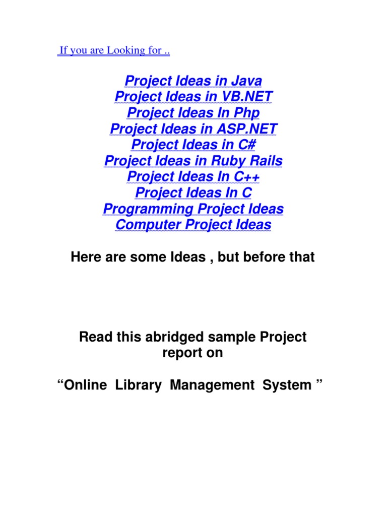 Programming Project Ideas With Sample Project Report on Library