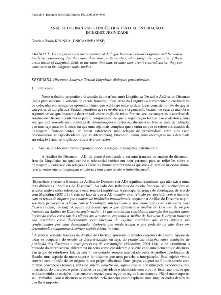 Análise Do Discurso e Lingüística Textual Interação e | PDF | Artes ...