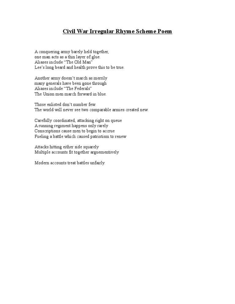 Civil War Irregular Rhyme Scheme Poem