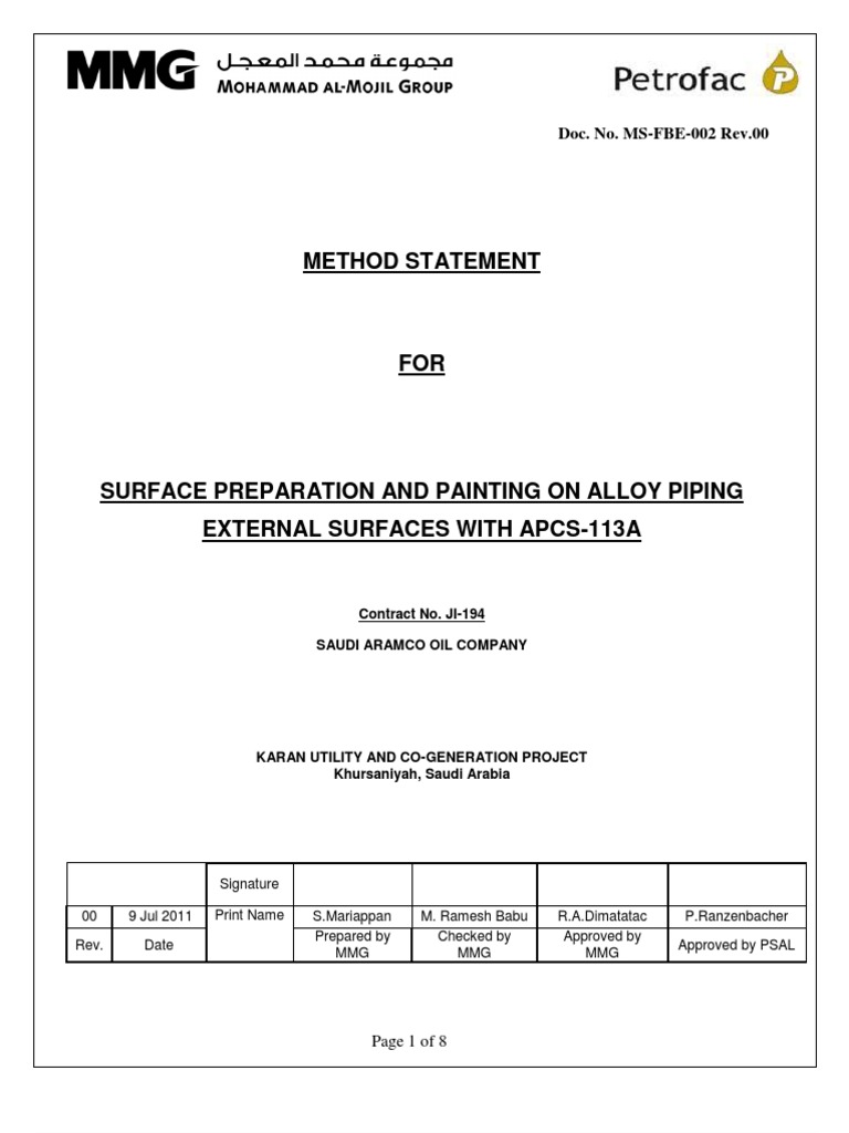 Method Statement for Surface Preparation and Painting of Alloy Piping ...