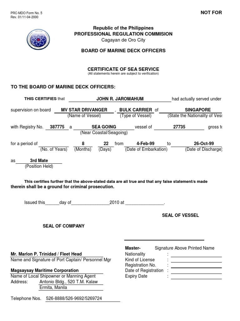 Prc-Mdo Form 5 Blank | PDF | Water Transport | Watercraft