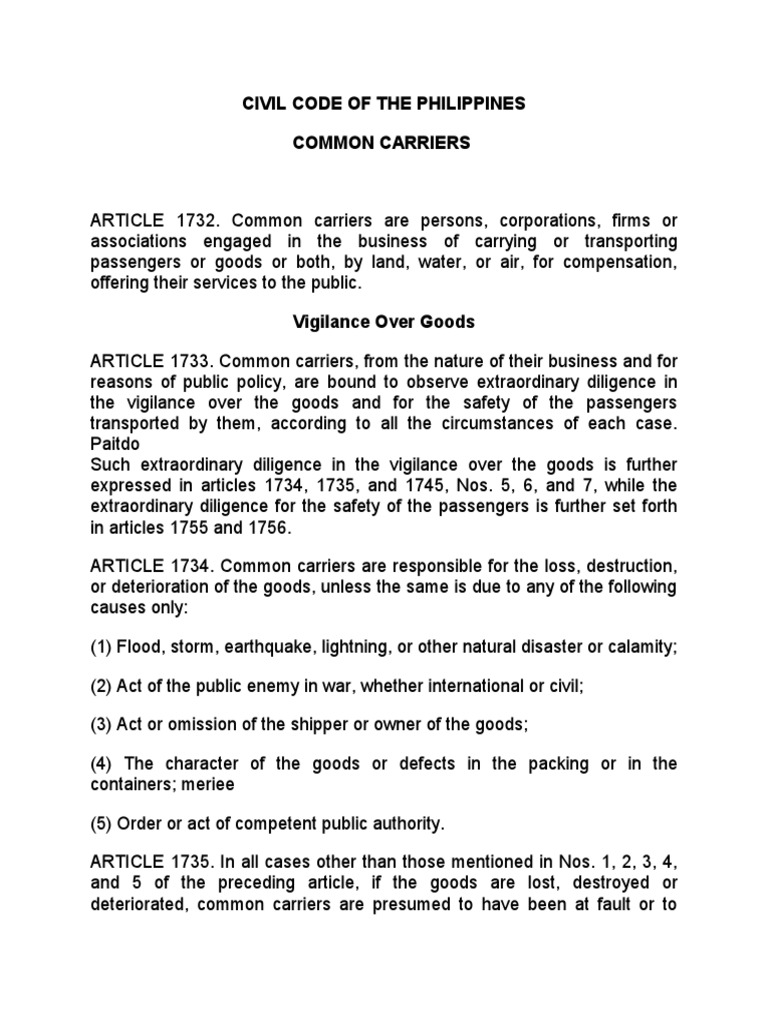 Common Carriers Civil Code PDF Common Carrier Negligence