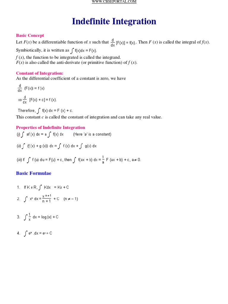 Class 12 Indefinite Integration Notes | PDF | Teaching Methods ...