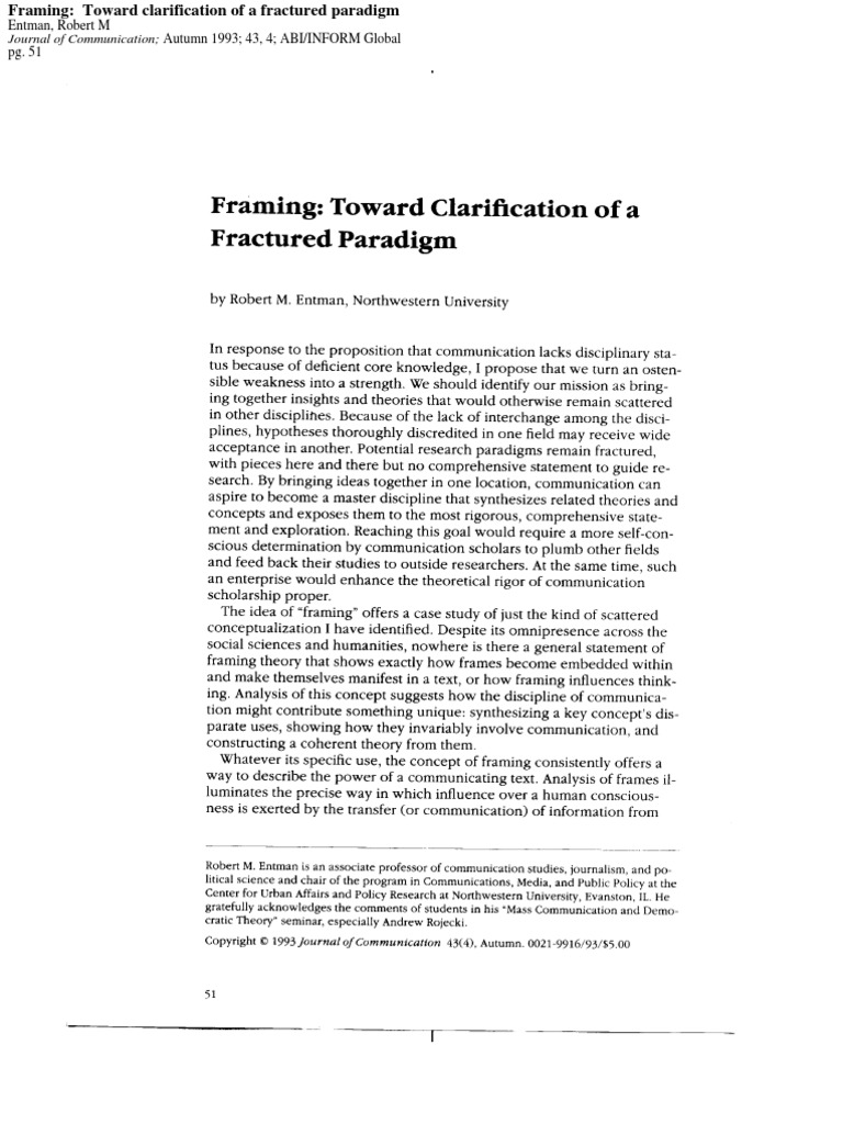 Entman 1993 FramingTowardclarificationOfAFracturedParadigm | PDF ...