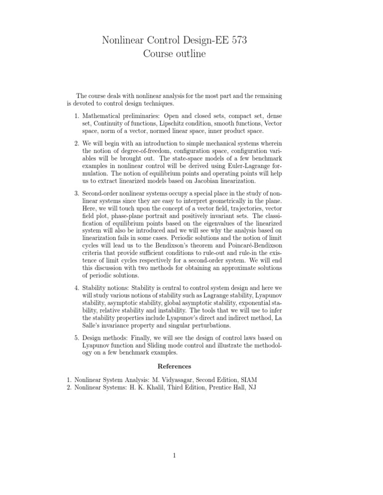 Nonlinear Control Design Course Outline | PDF | Science & Mathematics ...