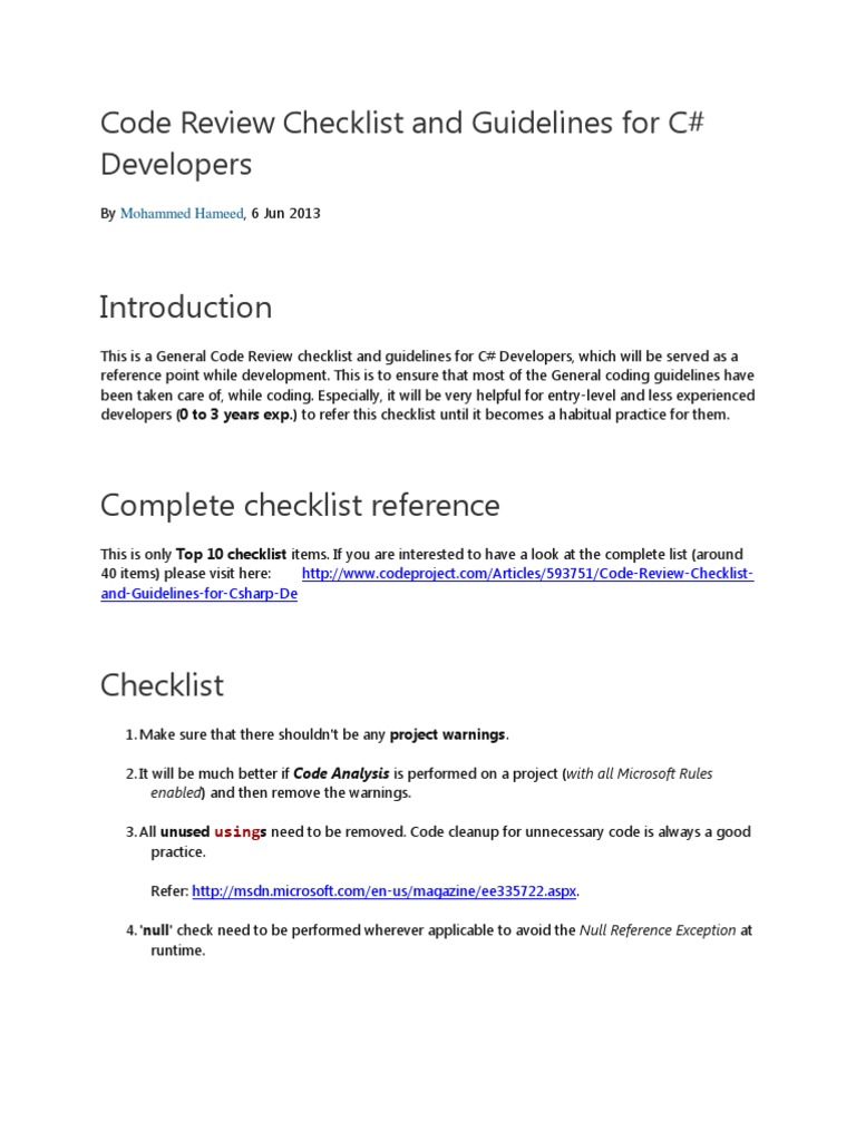 Top 10 Code Review Checklist and Guidelines for C# Developers | Source ...