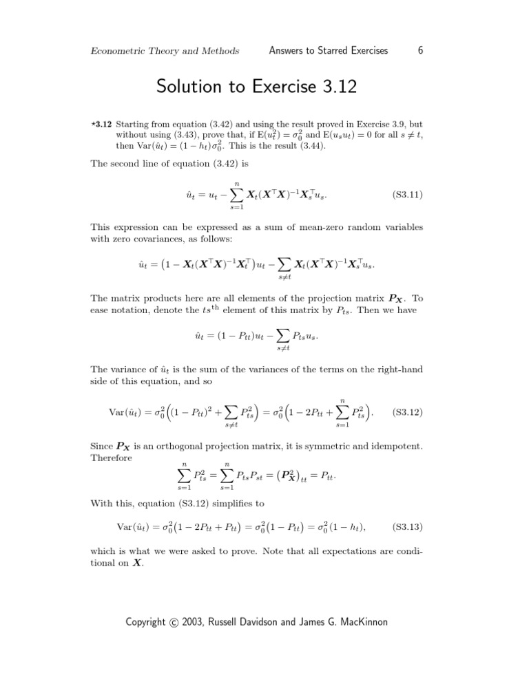 Solution To Exercise 3.12: Econometric Theory and Methods | PDF ...
