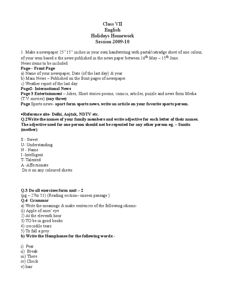 Class VII English Holidays Homework Guide | PDF
