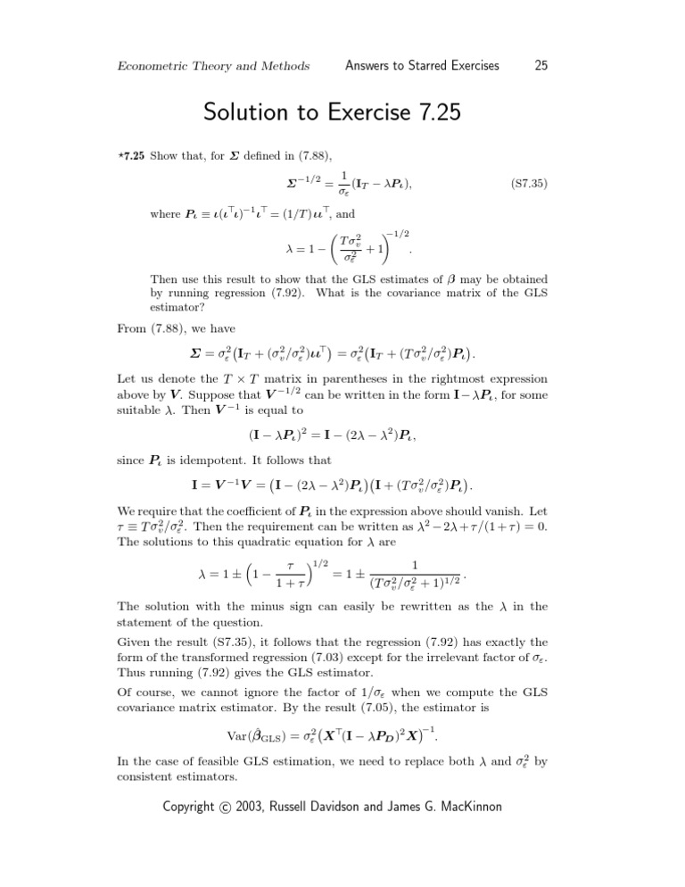 Solution To Exercise 7.25: Econometric Theory and Methods | PDF ...