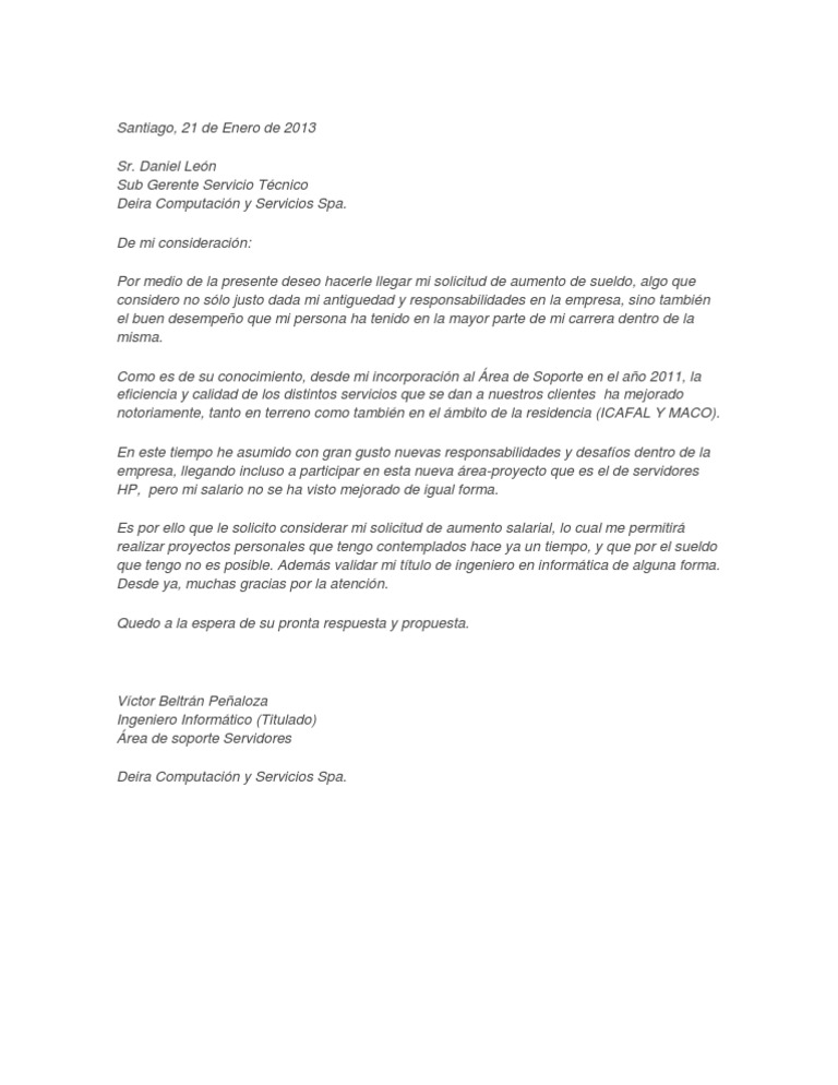 Carta Solicitar Aumento De Sueldo Por Escrito