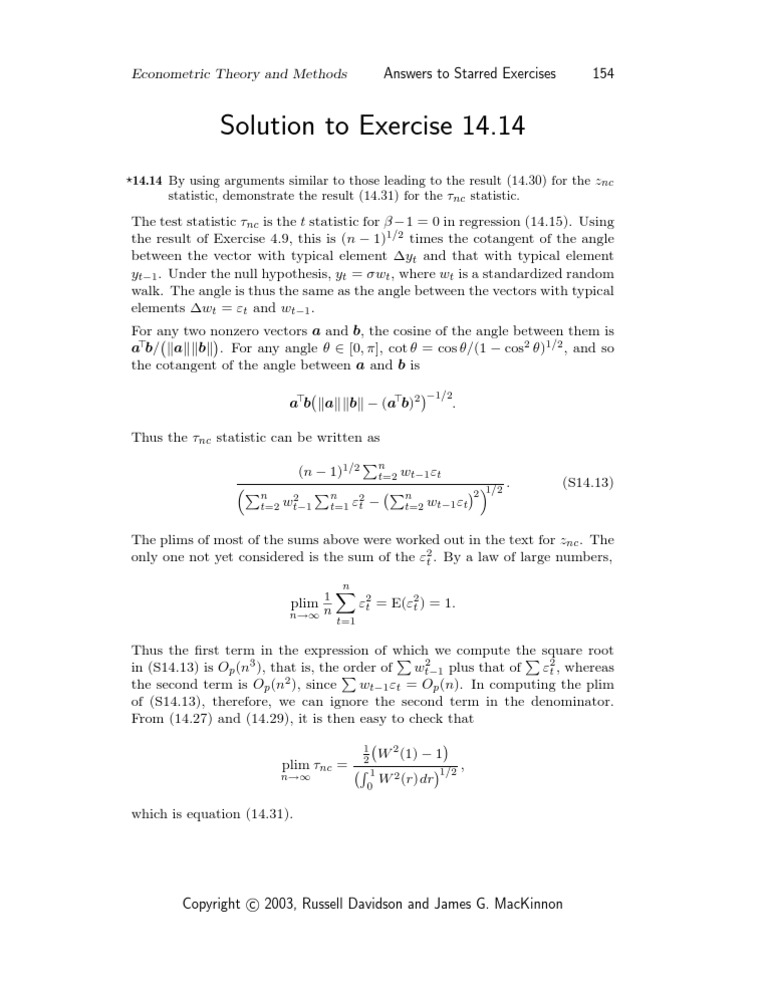 Solution To Exercise 14.14: Econometric Theory and Methods | PDF