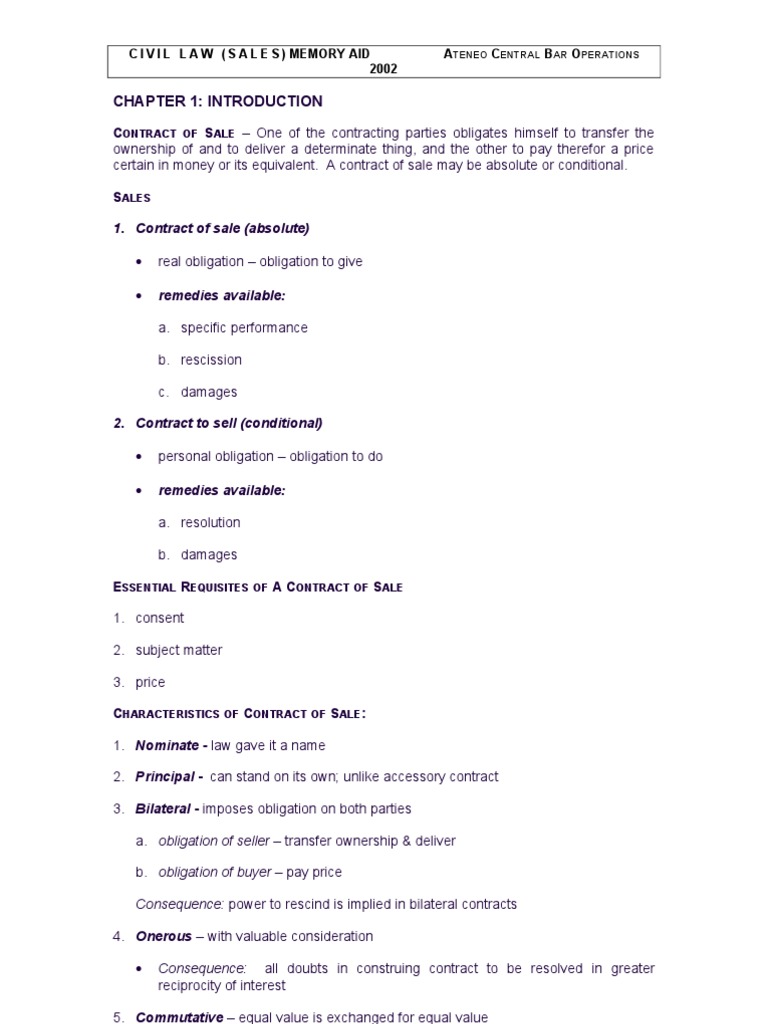 Civil Law Sales Contract Overview | PDF | Offer And Acceptance | Law Of ...
