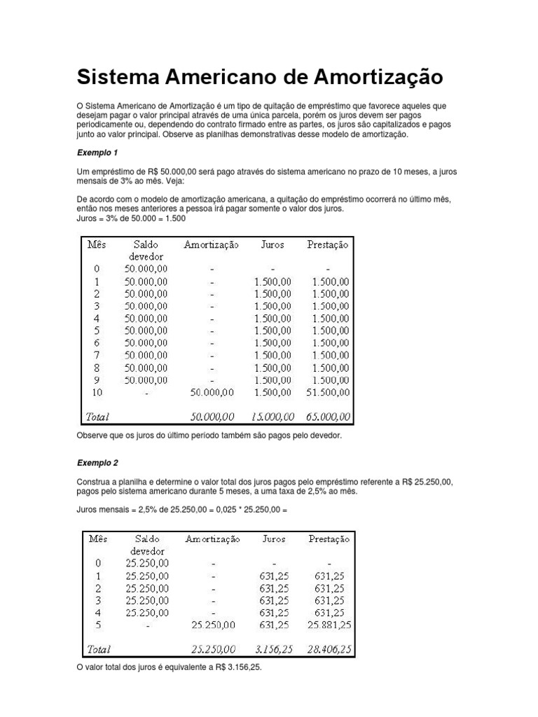 Sistema Americano de Amortização Explicado | PDF | Juros | Empréstimos