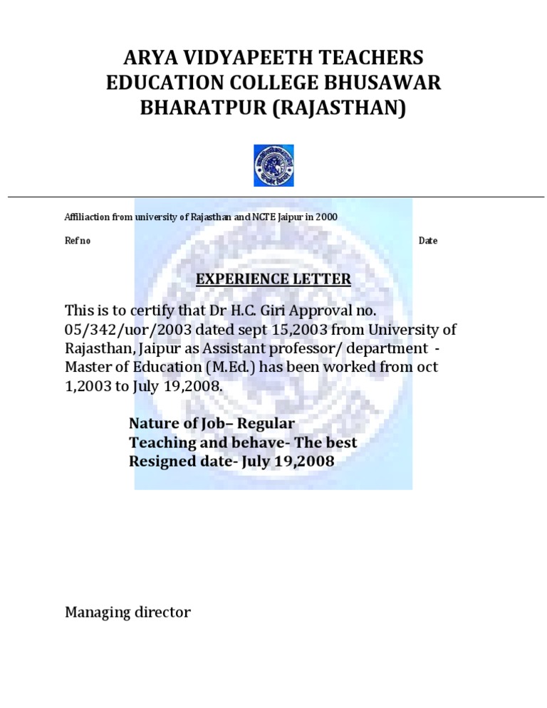 Experience Letter for Dr. H.C. Giri | PDF
