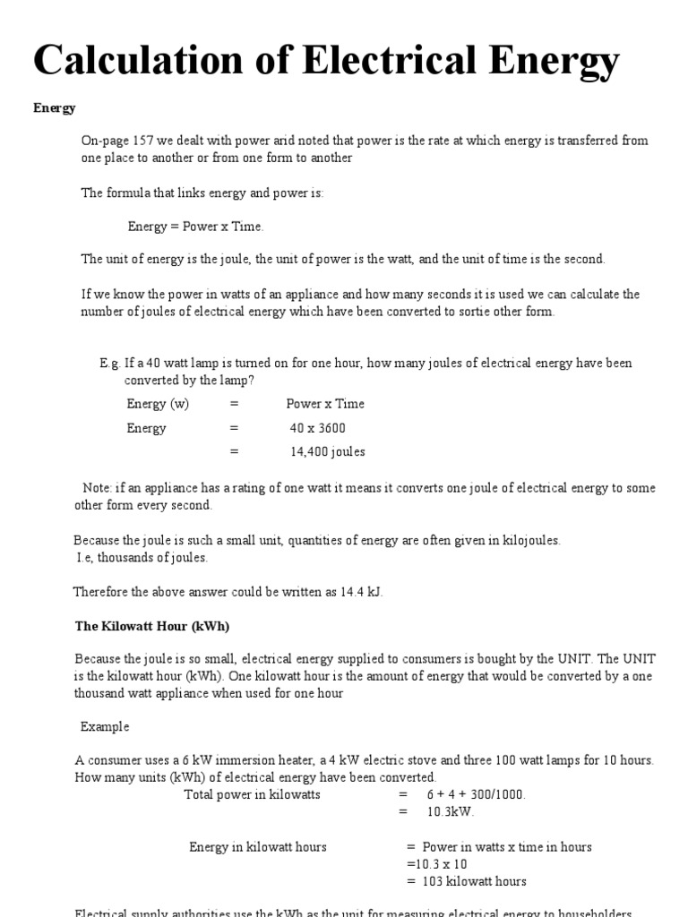 Calculation of Electrical Energy PDF Kilowatt Hour Watt