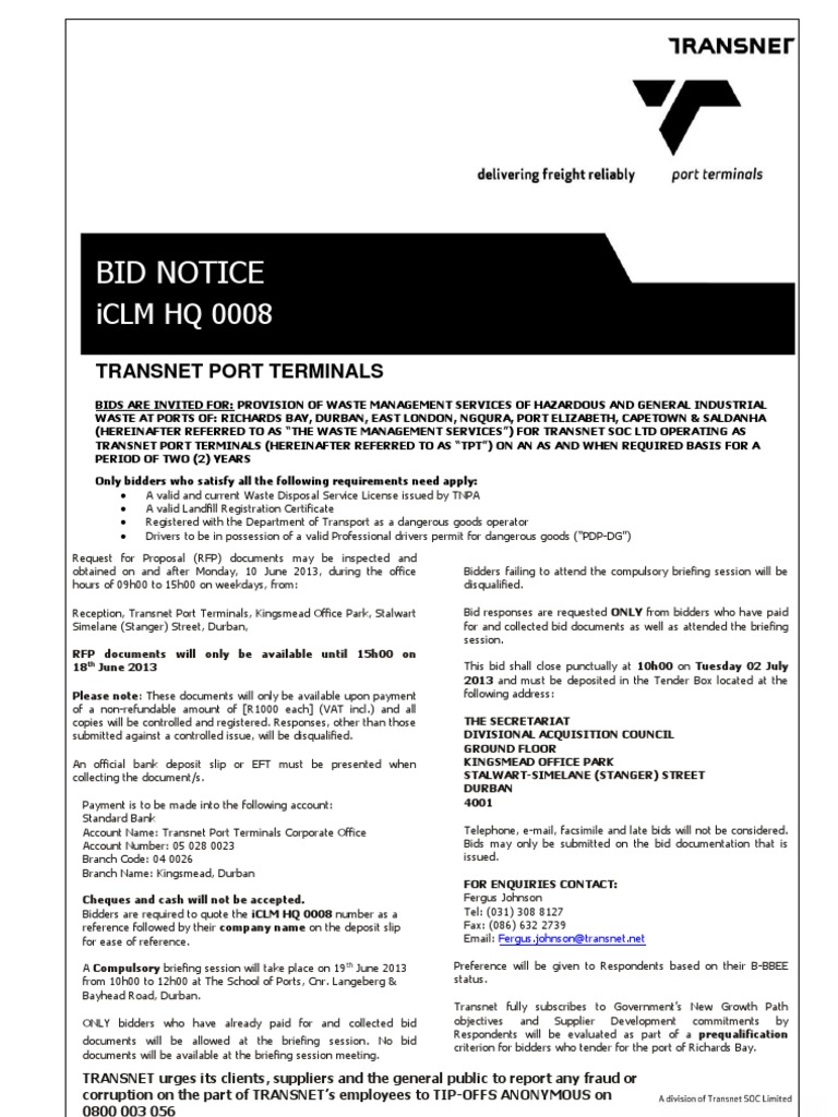 Bid Notice - Transnet Port Terminals | PDF | Request For Proposal |  Dangerous Goods, image size:768x1024
