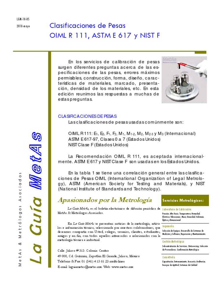 Clasificación de Pesas: OIML y ASTM | PDF | Calibración | Instituto ...