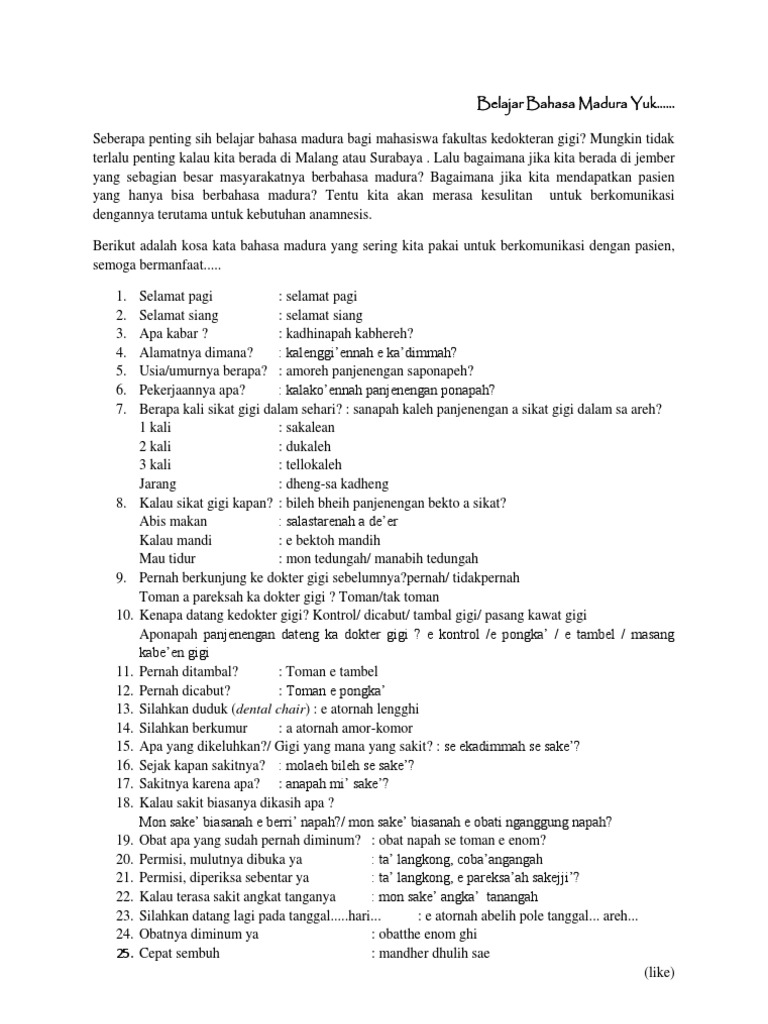 Kosa Kata Bhs Madura Untuk Pasien