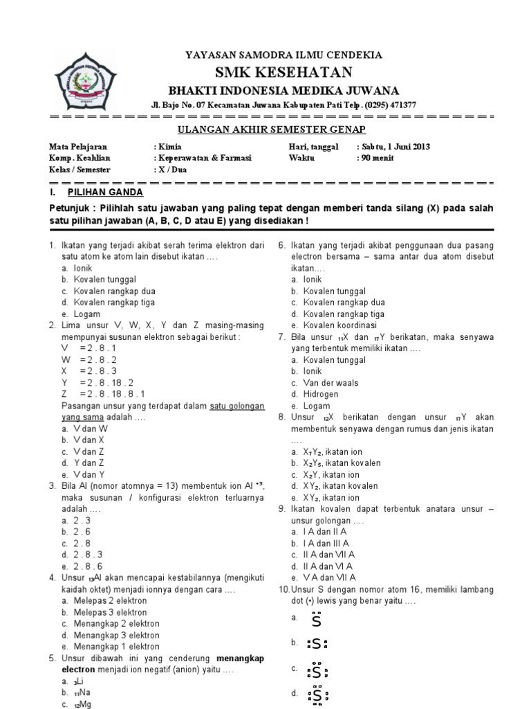 Soal Uas Kimia Kelas 10 Semester 1 Smk - Jawaban Guru