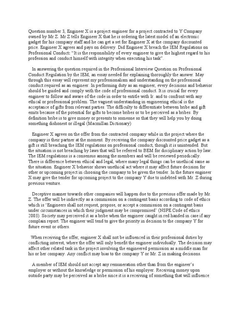 Professional Conduct Question Bribery Engineer