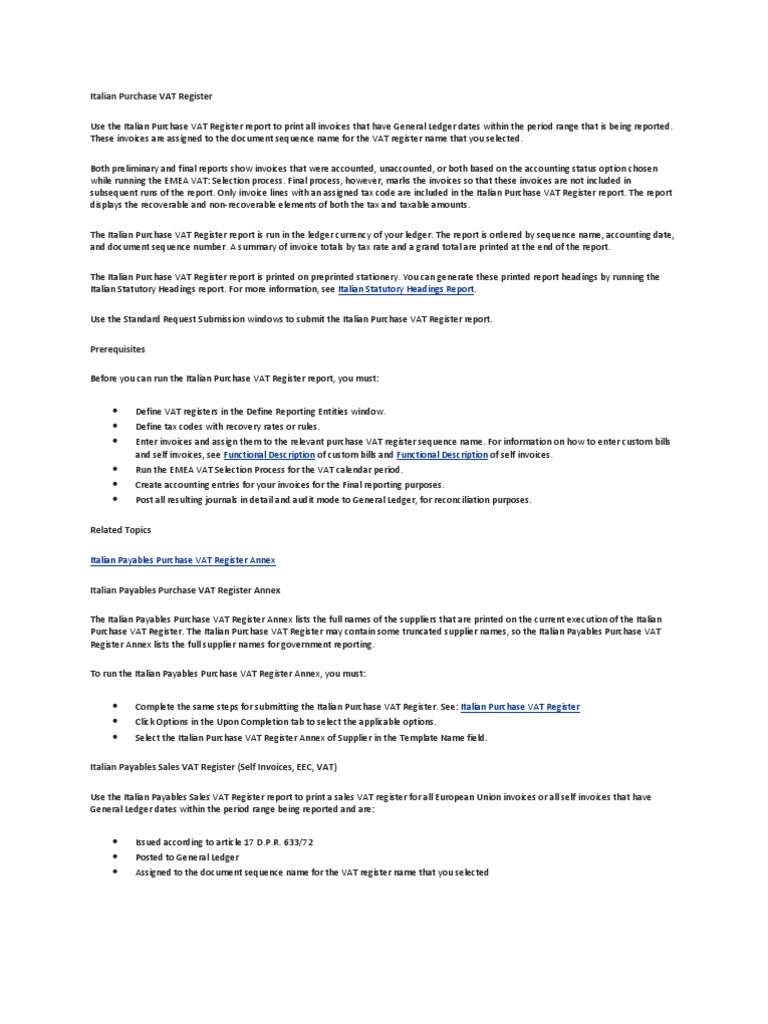 Italian Purchase VAT Register Value Added Tax Invoice