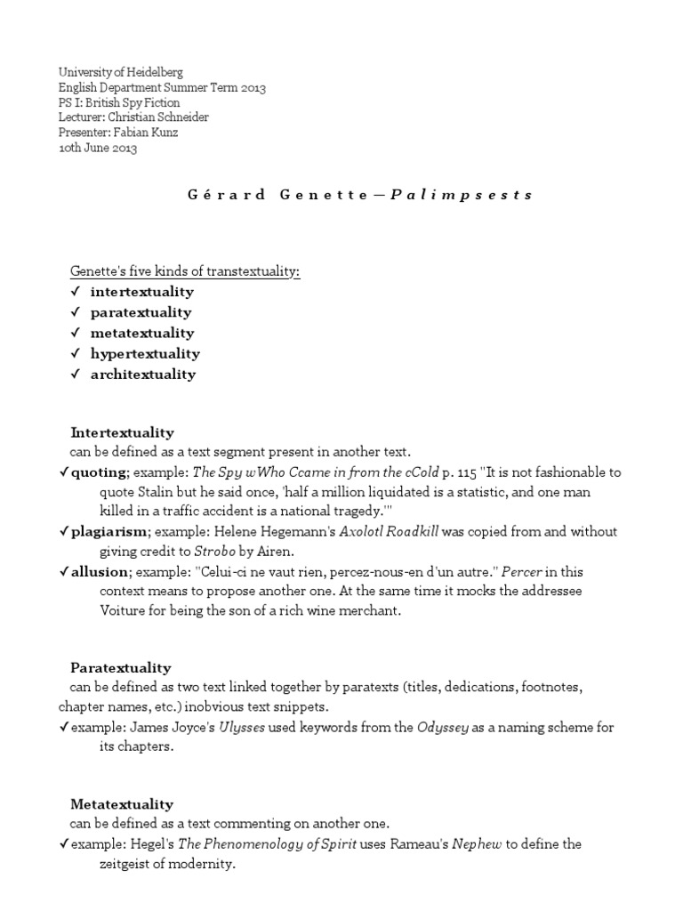 Genette's Transtextuality Explained | PDF | Intertextuality