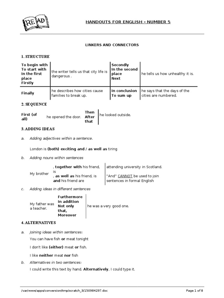 Handouts For English - Number 5: Linkers and Connectors | PDF ...