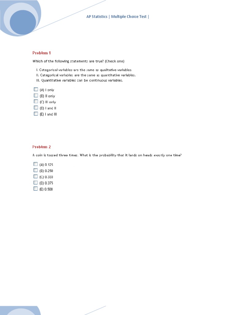 Ap statistics multiple choice exam pdf multiple choice test