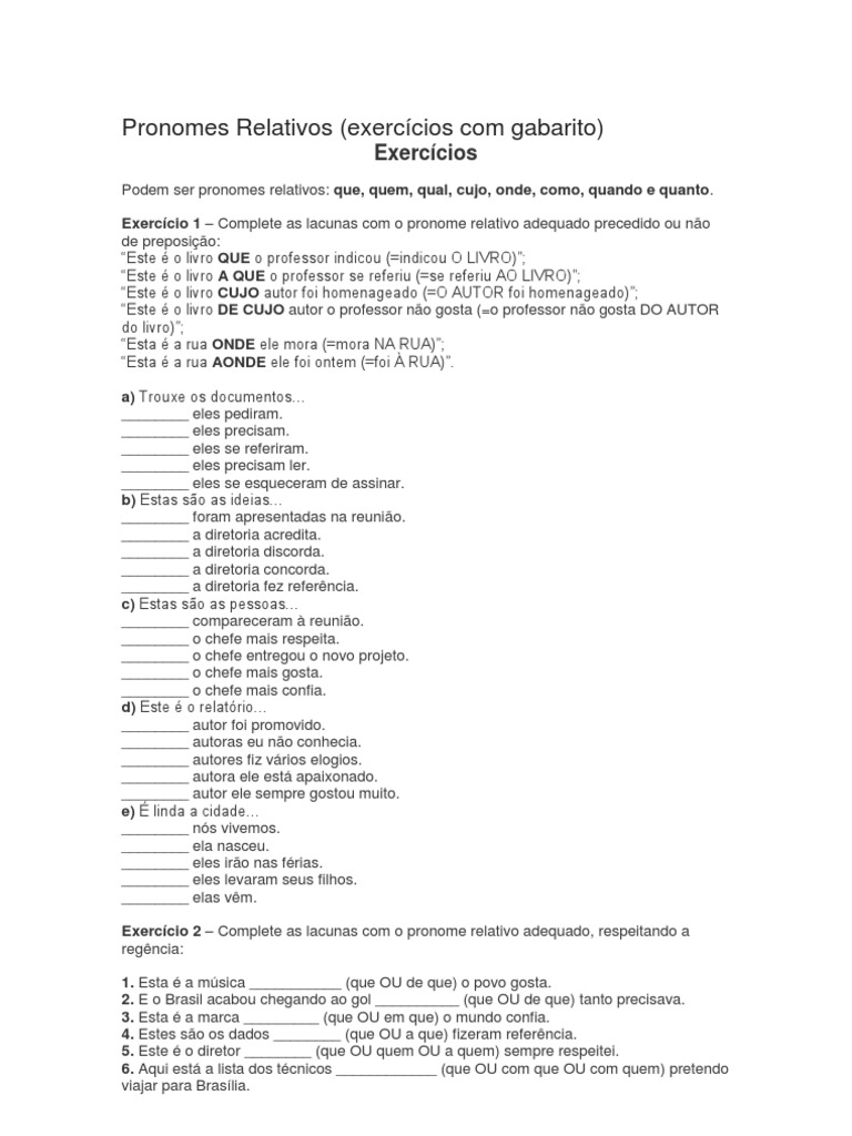 Exercícios de Pronomes Relativos com Gabarito | PDF | Pronome ...