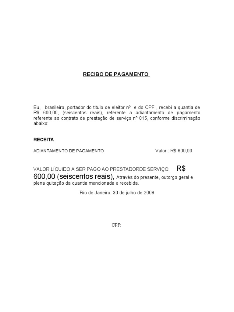 Recibo de Pagamento e Quitação de Serviços Prestados PDF